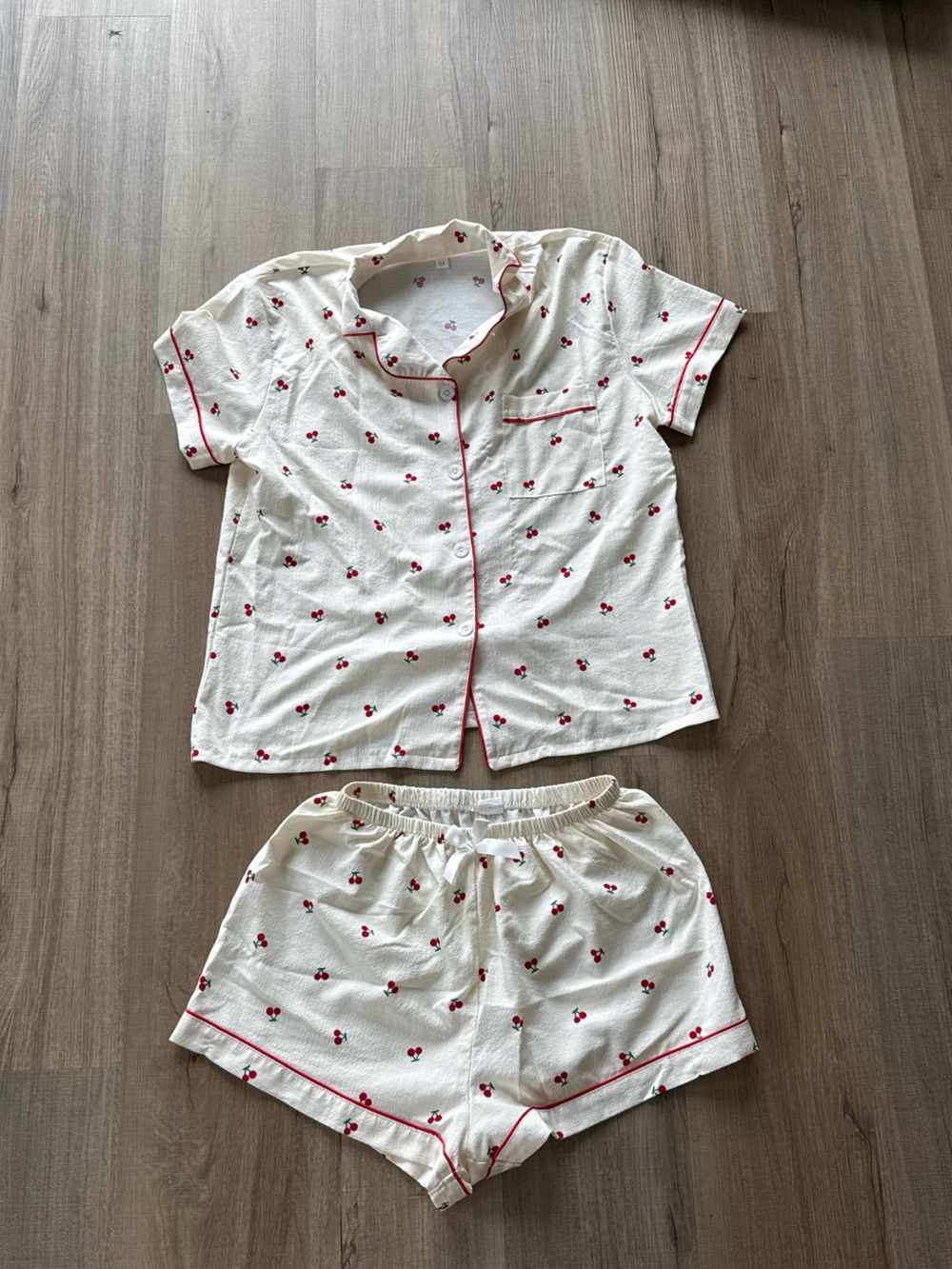 Amazon Essentials Cream Short Sleeve Pajama Set with Red Cherry Print